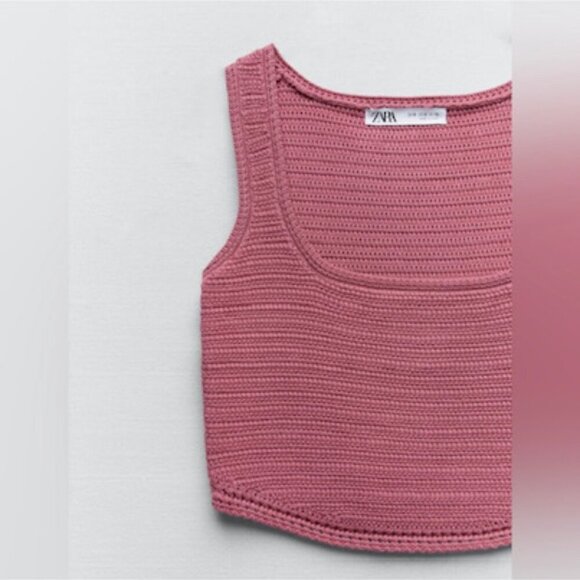 ZARA Pink Crochet Knit Square Neck Crop Top – Size Small - Picture 3 of 7